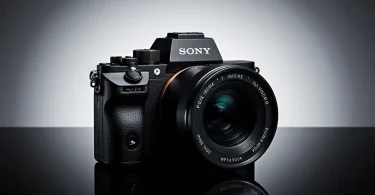 Sony Alpha a7 III mirrorless camera displayed on a dark gradient background with dramatic studio lighting, highlighting its 24MP full-frame sensor and premium design.