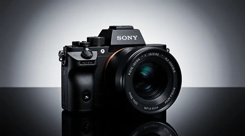 Sony Alpha a7 III mirrorless camera displayed on a dark gradient background with dramatic studio lighting, highlighting its 24MP full-frame sensor and premium design.