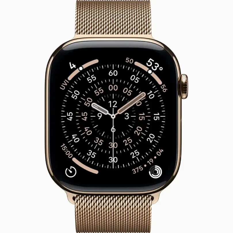 Apple Watch Series 11 GPS + Cellular 42mm with Gold Titanium Case and Gold Milanese Loop Adjustable Strap, shown on a wrist. Features advanced fitness tracking, seamless connectivity, and premium, durable design for tech-savvy professionals, entrepreneurs, and fitness enthusiasts.